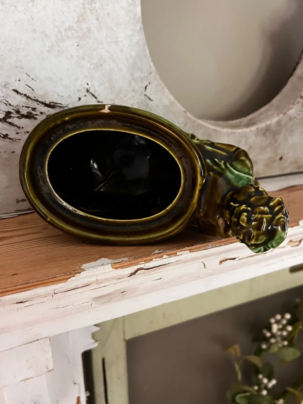 Vintage Green Ceramic Lady Cart Planter Cottagecore Decor
